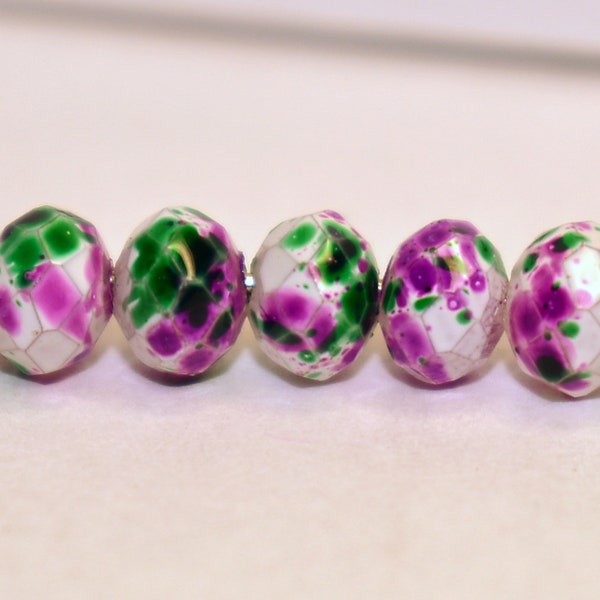 50 pcs 6x4mm Opaque Mixed Color Mottled Watermark Faceted Rondelle Glass Beads-white, mauve, maroon, green  #48