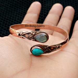 Blue Turquoise & Aquamarine Copper Bangle*99.9% Solid Copper Bengal*Stylish Bangle*Handmade Bangle*Adjustable Copper Bangle*Dainty Bangles