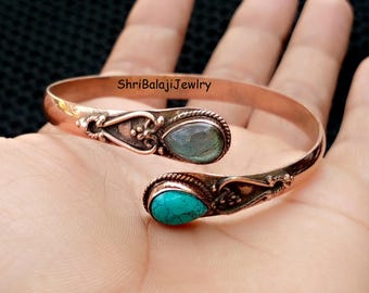 Blue Turquoise & Aquamarine Copper Bangle*99.9% Solid Copper Bengal*Stylish Bangle*Handmade Bangle*Adjustable Copper Bangle*Dainty Bangles
