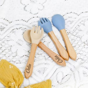 Personalized Silicone Baby Cutlery Set: Beech Wood Handles, BPA-Free