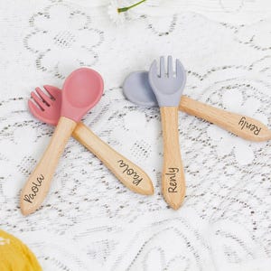 Personalized Silicone Baby Spoon and Fork Set: Beech Wood Handle