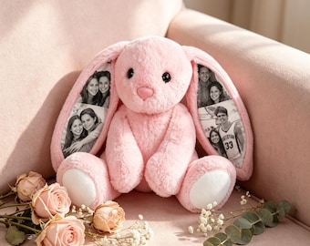 Peluche de conejito personalizado: Conejito con foto personalizada, regalo con imagen de orejas para niños, parejas y amantes de las mascotas.