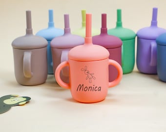 Vaso de silicona con pajita grabado a medida: Vaso de aprendizaje para niños pequeños sin BPA