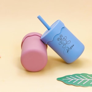 Personalized Silicone Straw Sippy Cup | Custom Name Toddler Training Cup | Engraved Non-Spill Toddler Tumbler with Straw for Baby