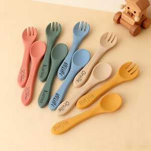 Personalized Silicone Baby Spoon and Fork Set - Engraved Utensils