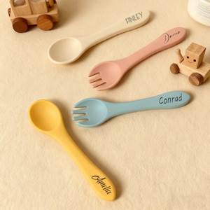 Personalisierte Silikon Baby Löffel und Gabel Set - Besteck mit Gravur