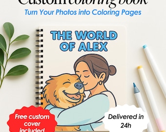 May include: A spiral-bound coloring book with the text "THE WORLD OF ALEX" on the cover, featuring an illustration of a person hugging a dog. The cover also has the text "Custom coloring book" and "Turn Your Photos into Coloring Pages".