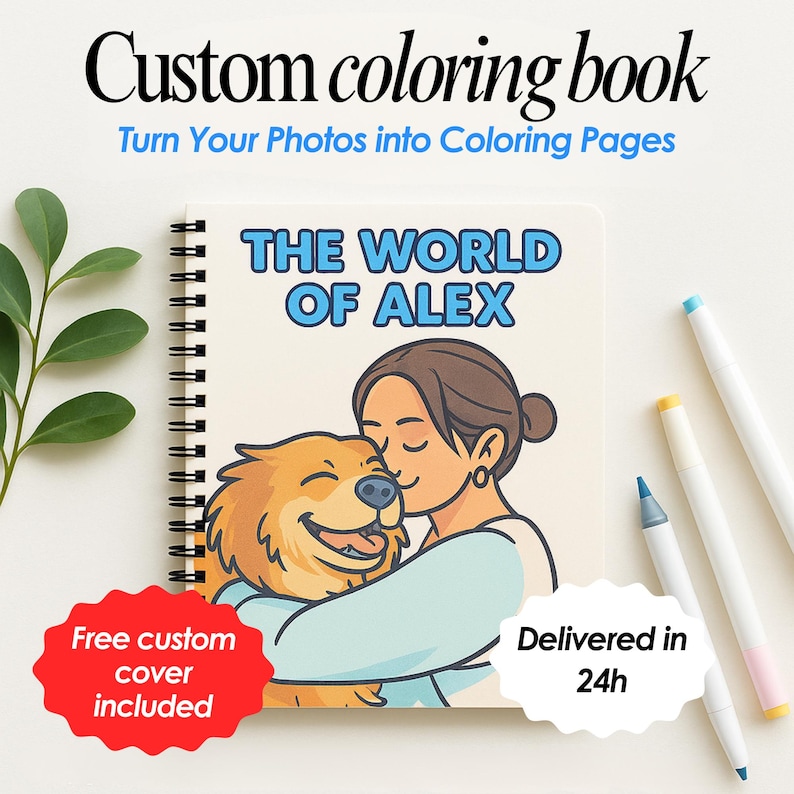 May include: A personalised coloring book with the title "THE WORLD OF ALEX" on the cover, showing a person embracing a dog. The cover also includes the text "Custom coloring book" and "Turn Your Photos into Coloring Pages".