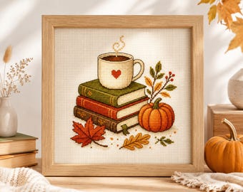Book Cross Stitch Pattern – Cozy Fall Cross Stitch Counted Cross Stitch Design, Cottagecore Embroidery PDF Digital Download