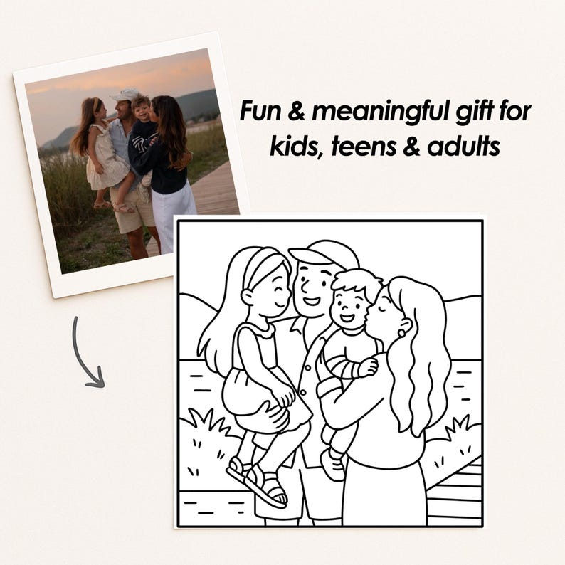 May include: An image featuring a family photograph and a black and white line drawing of a family. The photograph shows a family of five on a boardwalk. The drawing depicts a family of four, with the text "Fun & meaningful gift for kids, teens & adults".