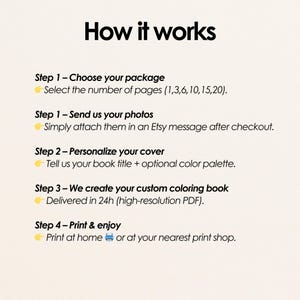 May include: Image detailing the process for ordering a custom coloring book, titled "How it works". Steps include selecting a package, sending photos, personalizing the cover, and printing the book at home or a local print shop.