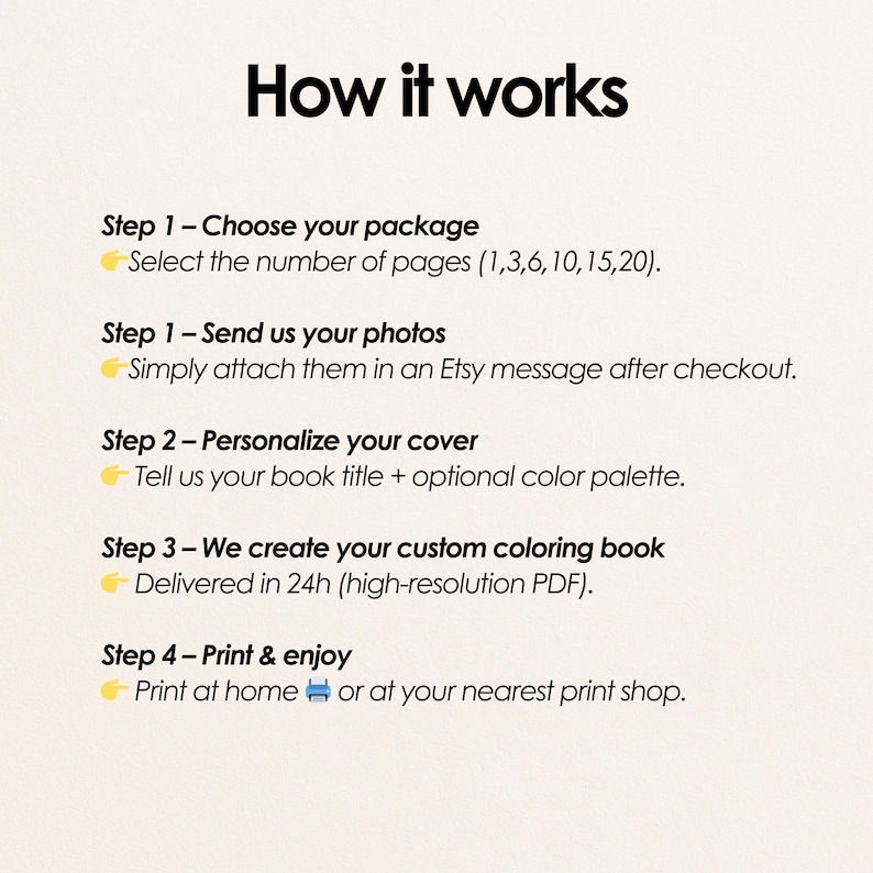 May include: Image detailing the process for ordering a custom coloring book, titled "How it works". Steps include selecting a package, sending photos, personalizing the cover, and printing the book at home or a local print shop.