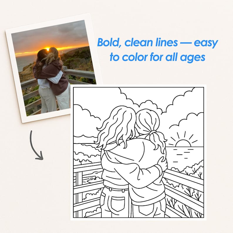 May include: A black and white line drawing of two people embracing, with a sunset over the sea in the background. The image is labelled "Bold, clean lines &mdash; easy to colour for all ages."
