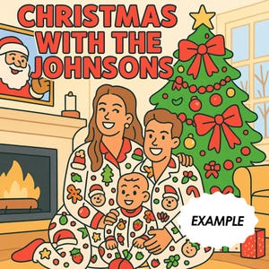 May include: A festive illustration depicting a family in matching Christmas pyjamas, with a decorated tree and fireplace. The text reads "CHRISTMAS WITH THE JOHNSONS". A speech bubble says "EXAMPLE".