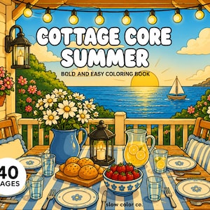Peut inclure: Illustration colorée d'une table dressée pour un repas avec le texte "COTTAGE CORE SUMMER" et "BOLD AND EASY COLORING BOOK". La table est garnie d'assiettes, de verres et de nourriture, avec une vue sur l'océan et un voilier en arrière-plan. L'image comprend également le texte "40 PAGES".