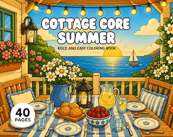 Cottagecore Coloring Book, Cozy Relaxing Book, 40 Rustic Coloring Pages, Bold and Easy Vacation Coloring, Digital Download PDF, Summer Pages
