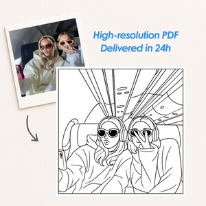 May include: Black and white line art of two people wearing sunglasses and headphones, taking a selfie on an airplane. The image includes a smaller photo of the same people in colour. Text reads "High-resolution PDF Delivered in 24h."