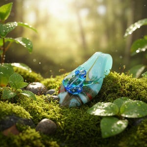 以下が含まれることがあります： 青と緑のアクセントが施されたガラス製のカエルフィギュアが、水色の葉の形をした台座の上に置かれています。 カエルは青い斑点と透明なガラスで詳細に表現されており、苔の上に置かれ、緑に囲まれています。