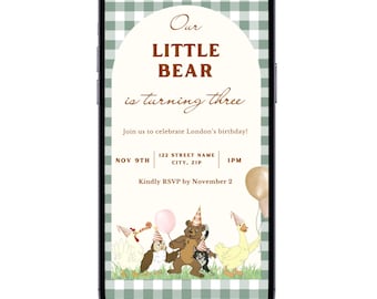 Little Bear Birthday Invitation: Woodland Gingham Template (Digital Download)