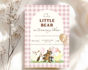 Little Bear Birthday Invitation: Pink Gingham Woodland Animals (Digital Download)