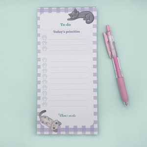 George & Anushka Cats To-Do List Notepad - DL size | Kawaii Illustrated with gingham background