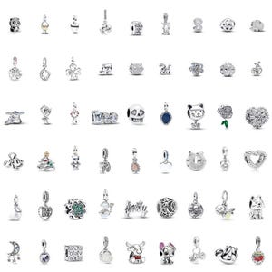 Può includere: Una collezione di ciondoli in metallo color argento con varie forme, tra cui animali, fiori, cuori, teschi e simboli festivi. Ogni ciondolo presenta un piccolo occhiello o foro per l'aggancio a un bracciale o a una catenina.