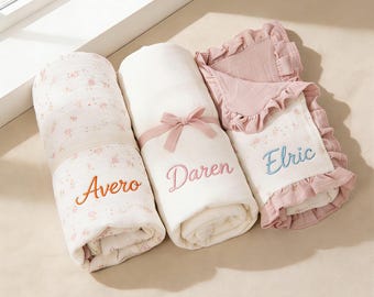 Manta de bebé de algodón bordada / Arrullo de encaje con nombre personalizado, regalo para recién nacido