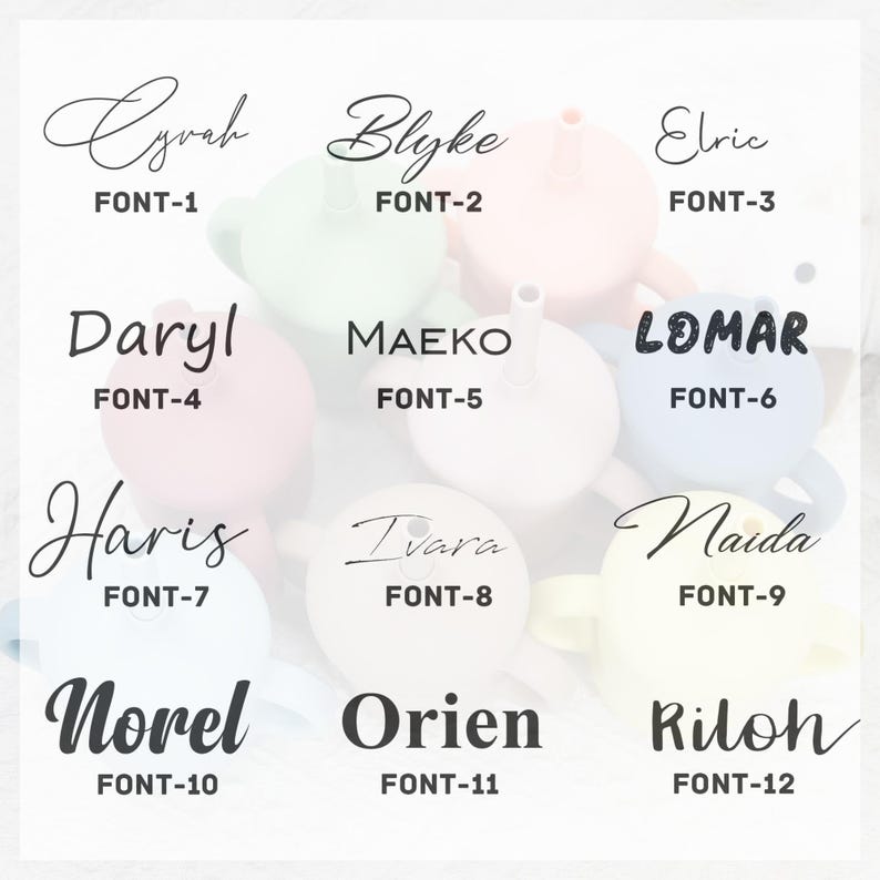 Puede incluir: Una colecci&oacute;n de tapas para vasos con boquilla para beb&eacute;s en varios colores pastel, cada una etiquetada con un nombre y un n&uacute;mero de fuente. Los nombres est&aacute;n escritos en diferentes fuentes elegantes, con el n&uacute;mero de fuente debajo de cada nombre. Las tapas son de color rosa, verde, azul y amarillo.