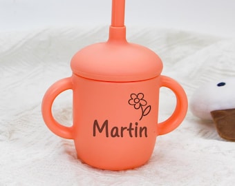 Vaso de silicona personalizado con asa / Vaso de entrenamiento para bebé grabado