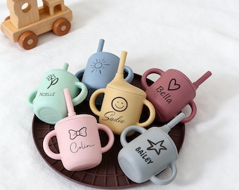 Personalized Silicone Children’s Straw Cup with Handles, Toddler Sippy Cup, Custom Baby Gift, Baby Shower Present