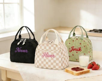 Torba na lunch z haftowanego sztruksu | Ocieplana szkolna i biurowa torba na lunch