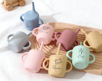 Custom Name Silicone Straw Cup for Kids, Toddler Cup with Handles, Personalized Baby Feeding Gift