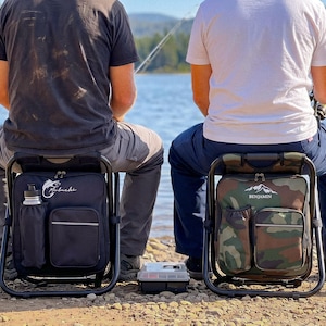 May include: Two portable folding stool backpacks with integrated storage compartments. One is solid black with a white fish logo and the name "Mulnaki," while the other features a green camouflage pattern with a mountain logo and the name "Benjamin."