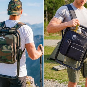 May include: A combination backpack and folding chair featuring a black metal frame. One version is camouflage print with the text "BENJAMIN" and a mountain graphic, while the other is solid black with a fish graphic and the text "Malashi".