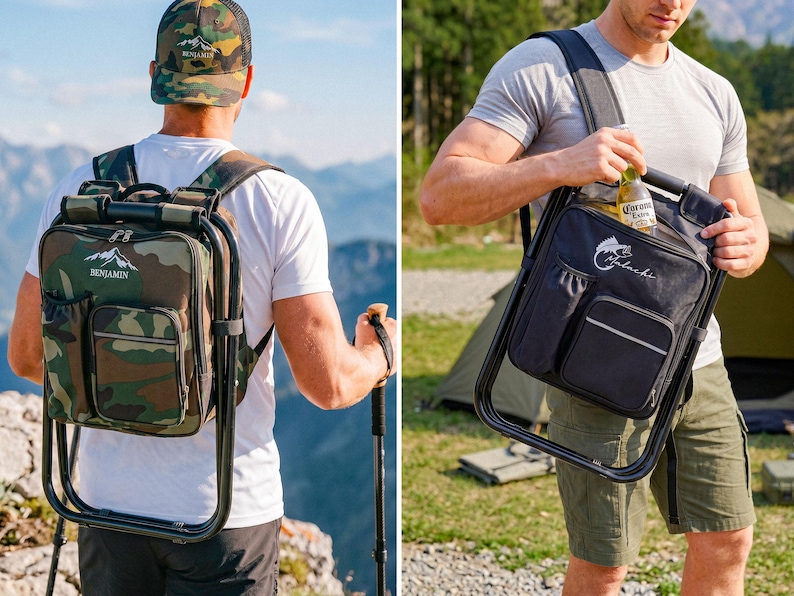 May include: A combination backpack and folding chair featuring a black metal frame. One version is camouflage print with the text "BENJAMIN" and a mountain graphic, while the other is solid black with a fish graphic and the text "Malashi".