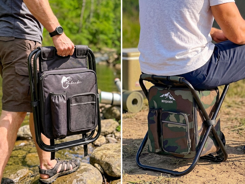 May include: A portable folding stool with an integrated storage bag featuring a black frame and fabric. One version is solid black with a fish logo, and the other is camouflage print with a mountain logo. Both include a side pocket and a drink holder.