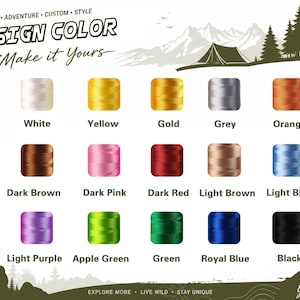 May include: A color chart displaying fifteen spools of thread in white, yellow, gold, grey, orange, dark brown, dark pink, dark red, light brown, light blue, light purple, apple green, green, royal blue, and black, with text labels for each color.