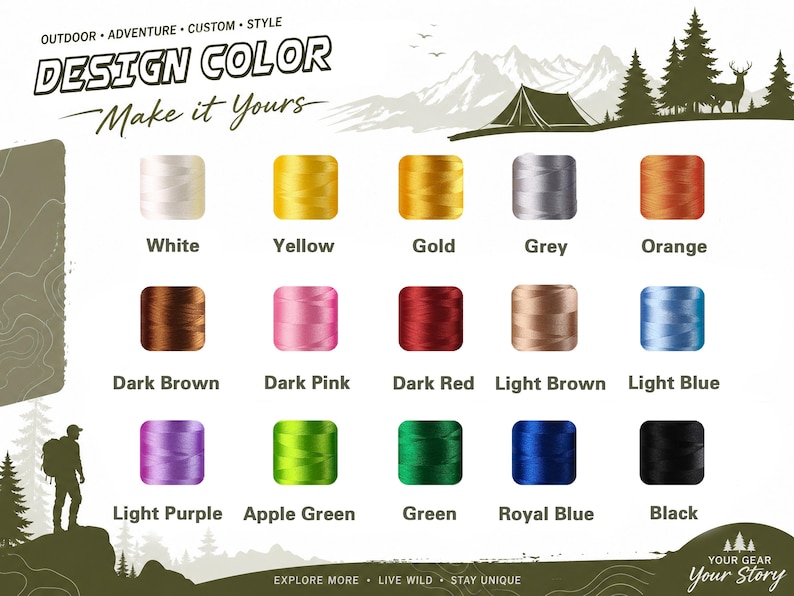 May include: A color chart displaying fifteen spools of thread in white, yellow, gold, grey, orange, dark brown, dark pink, dark red, light brown, light blue, light purple, apple green, green, royal blue, and black, with text labels for each color.