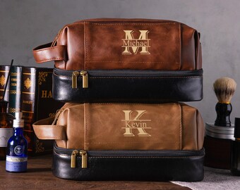 Personalized Men's Leather Toiletry Bag,Laser Engraved Leather Travel Kit,Toiletry Bag for Anniversaries,Groomsmen or Him,Christmas Gifts