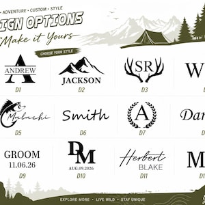 May include: A graphic display titled DESIGN OPTIONS Make it Yours featuring twelve black custom logo templates labeled D1 through D12. The designs include various monograms, names like Andrew, Jackson, Malachi, Smith, Daniel, Herbert Blake, and dates.