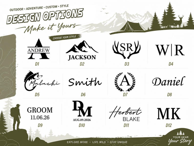 May include: A graphic display titled DESIGN OPTIONS Make it Yours featuring twelve black custom logo templates labeled D1 through D12. The designs include various monograms, names like Andrew, Jackson, Malachi, Smith, Daniel, Herbert Blake, and dates.
