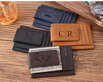 Cartera de cuero personalizada para hombre con clip para billetes, cartera con clip, cartera de cuero grabada, regalo para padrinos de boda, regalo para papá, regalo de aniversario.