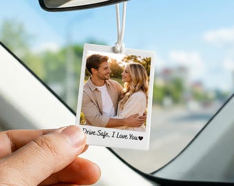Etiqueta personalizada para espejo retrovisor del coche con foto, adorno colgante personalizado para coche con foto, adorno "Conduce con cuidado", regalo del Día del Padre, recuerdo para parejas, decoración para coche con foto
