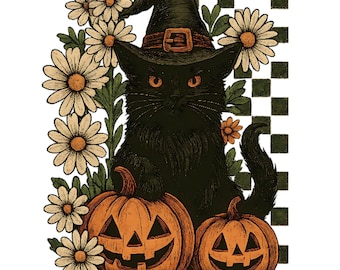 Calabaza de gato negro de Halloween (Png), fantasma de Halloween (Png), camiseta de gato de Halloween, fantasma con sombrero de bruja negro (Png), gato espeluznante de moda, calabaza de otoño (Png)