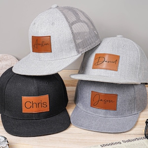 Personalized Leather Patch Hats,Customized Caps with Name,Groomsmen Trucker Hat,Kids Snapback Hat,Mesh Baseball Cap,Gift Grandpa,Dad Hat