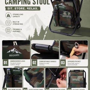 May include: A foldable camping stool with a black metal frame and camouflage fabric. It features a built-in storage bag, a side drink holder, a zippered pocket, and a padded handle. The text BENJAMIN with a mountain graphic is embroidered on the front.