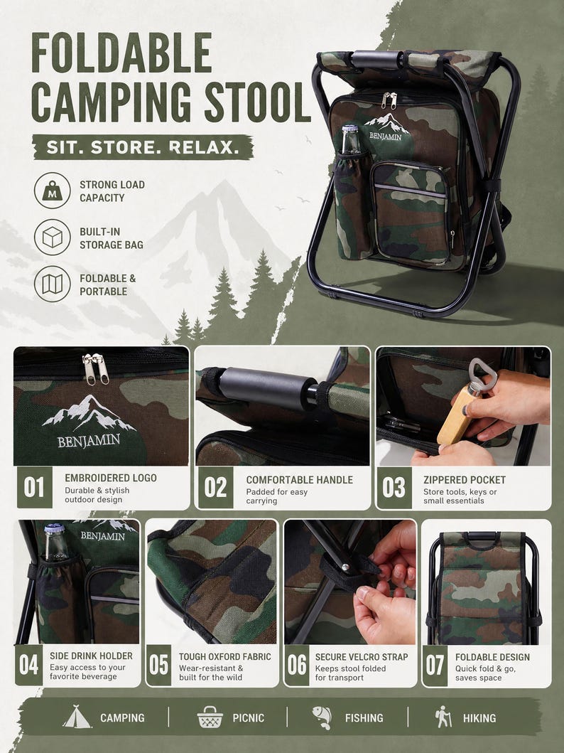 May include: A foldable camping stool with a black metal frame and camouflage fabric. It features a built-in storage bag, a side drink holder, a zippered pocket, and a padded handle. The text BENJAMIN with a mountain graphic is embroidered on the front.