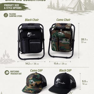 May include: Two folding camping stools and two trucker hats labeled Outdoor Camping Essentials. The stools are black and camo, measuring 20.1 inches high. The hats are camo and black with logos. Dimensions are 14.2 inches wide and 5.5 inches high.