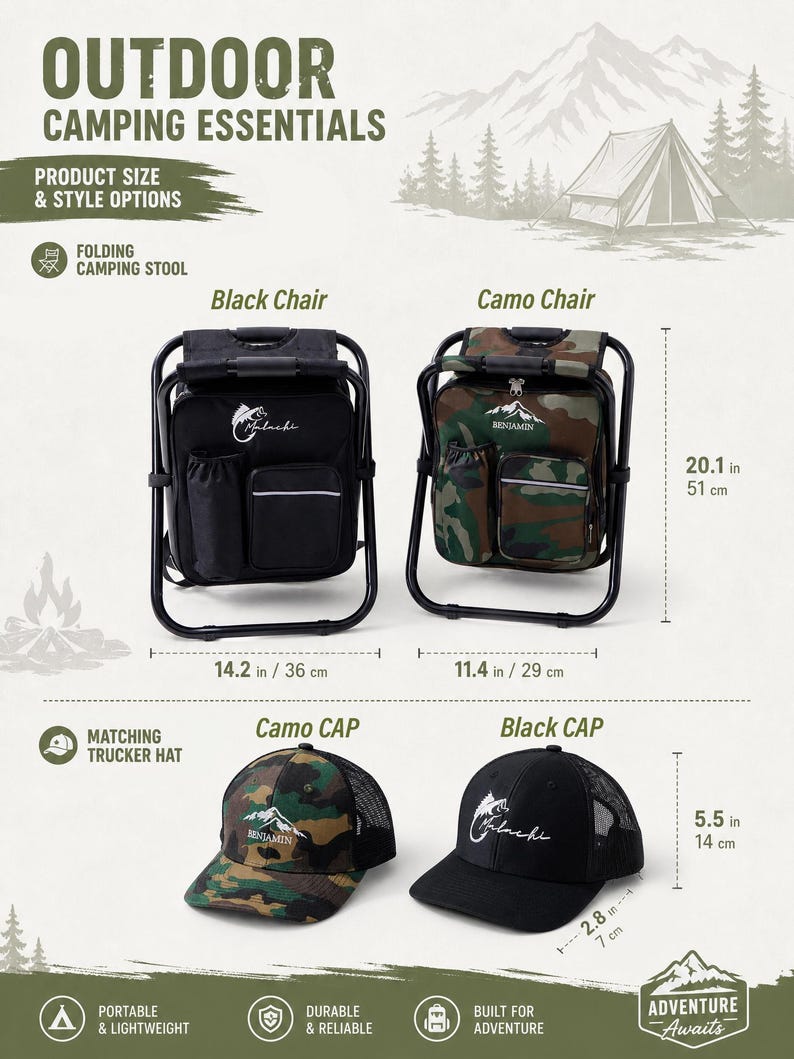May include: Two folding camping stools and two trucker hats labeled Outdoor Camping Essentials. The stools are black and camo, measuring 20.1 inches high. The hats are camo and black with logos. Dimensions are 14.2 inches wide and 5.5 inches high.