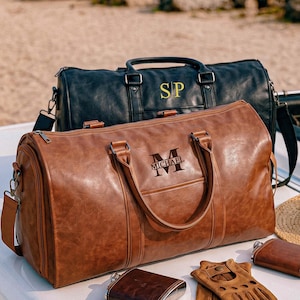Custom Vegan Leather Garment Duffle Bag, Convertible Travel Overnight Bag, Groomsmen Gift, Shoe Compartment